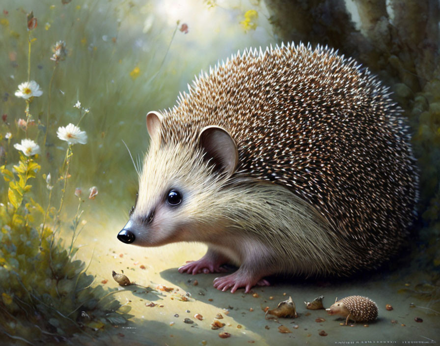 Realistic painting of hedgehog in sunlit meadow with flowers and insects