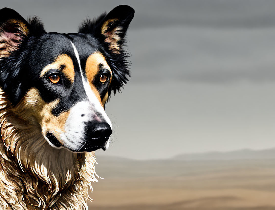 Tricolor Border Collie with focused gaze in natural setting