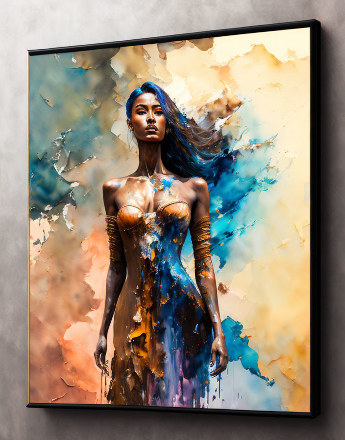 Framed artwork: Woman with blue hair and golden dress merged with vibrant abstract colors