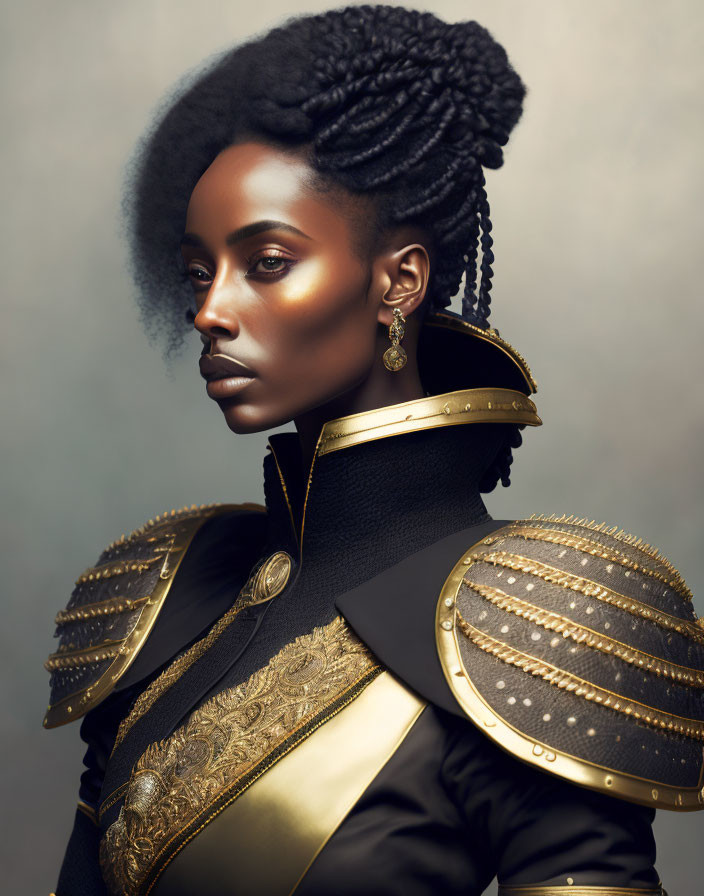 Dark-skinned person in ornate black jacket with braided hair and golden earrings