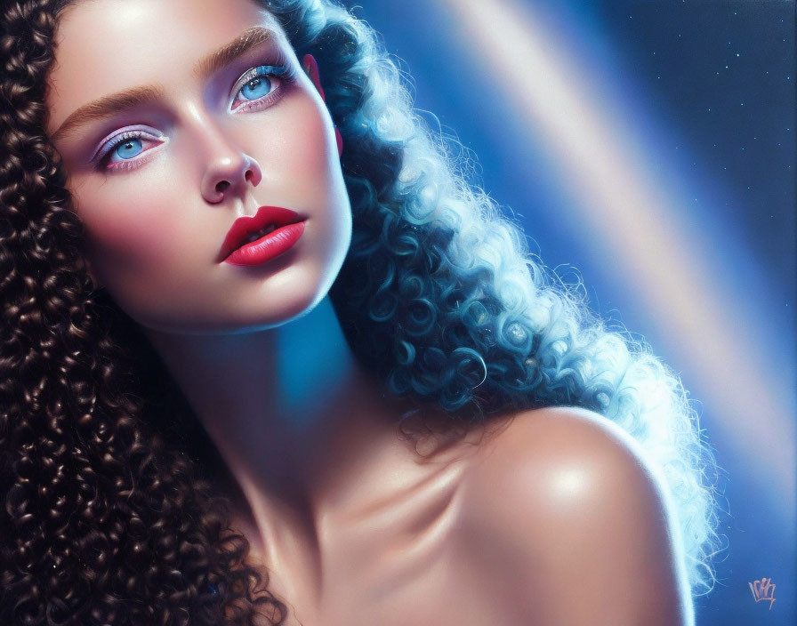 Woman's portrait with blue eyes, red lips, and curly hair in cosmic setting