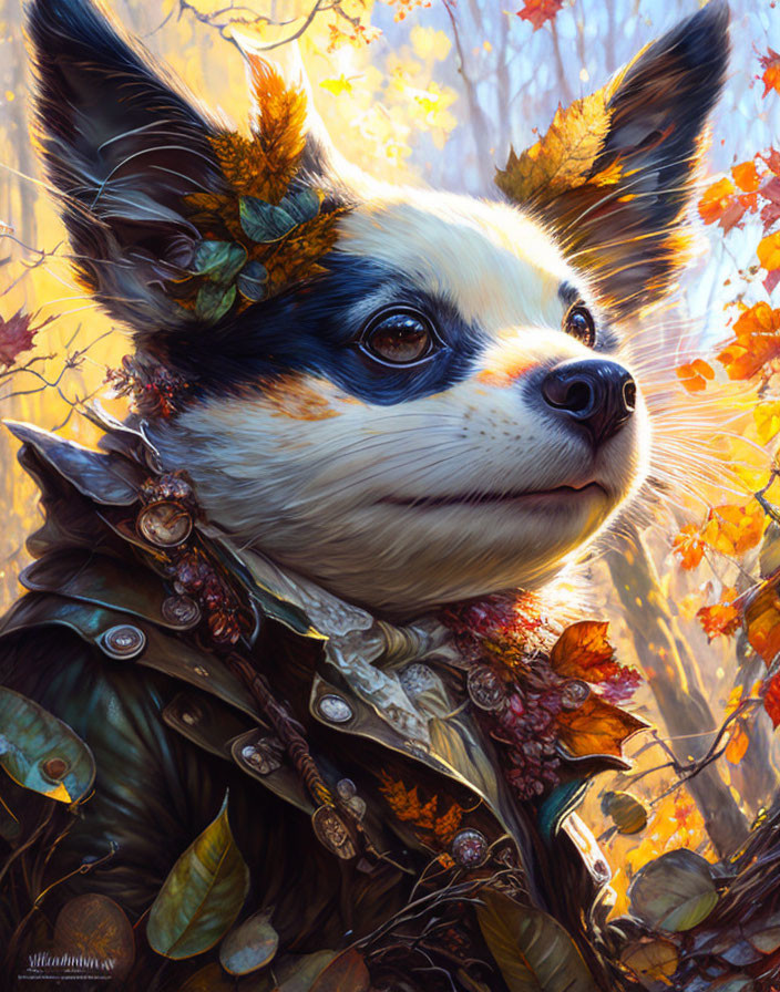 Chihuahua with autumn leaves and stylish coat in golden backdrop