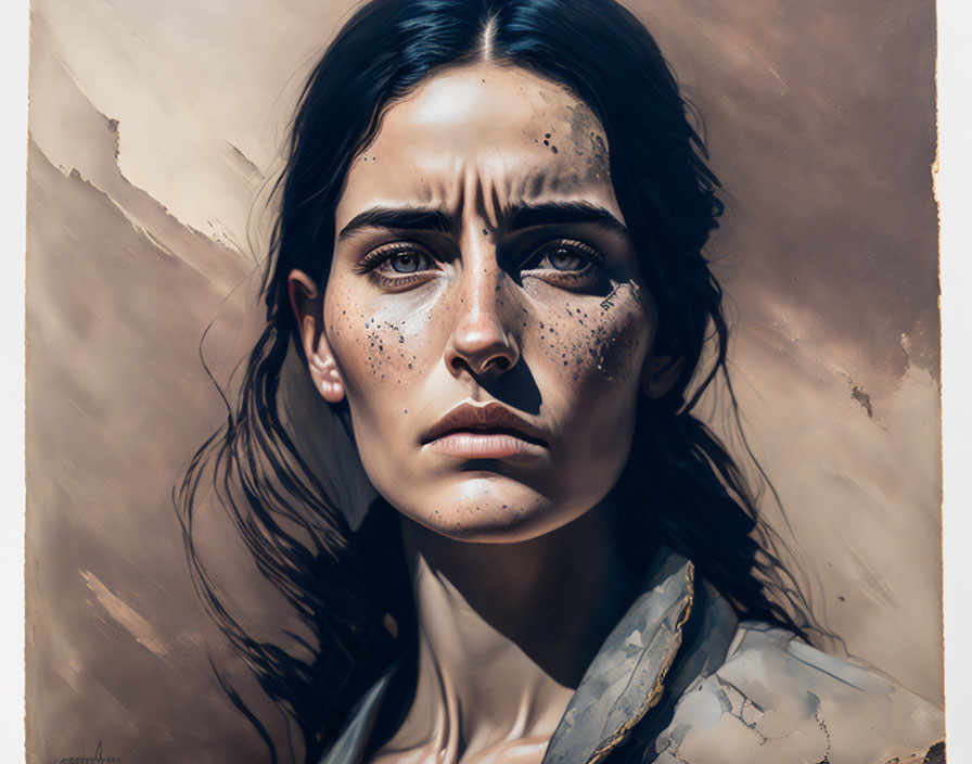 Realistic digital painting: Woman with dark hair, intense blue eyes, freckles on warm background