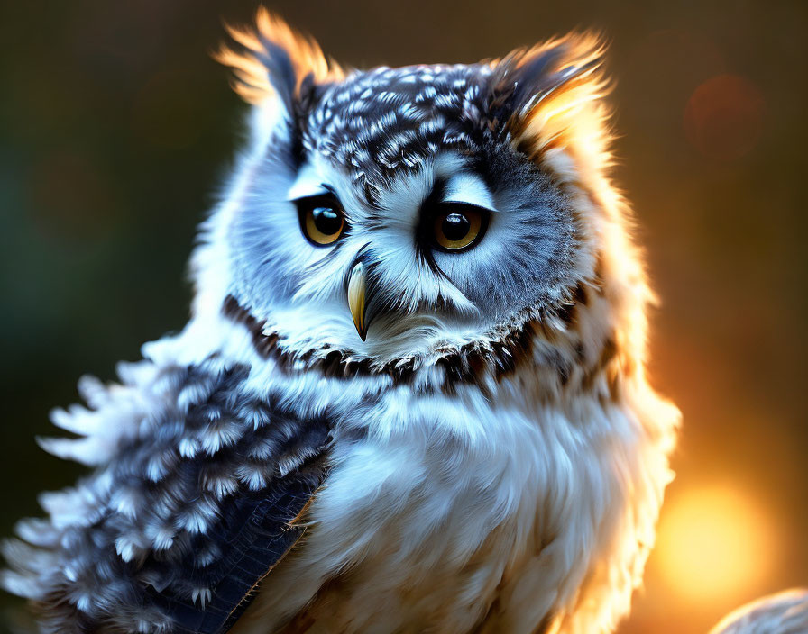 Detailed Owl Close-Up with Prominent Eyes and Blurred Amber Background