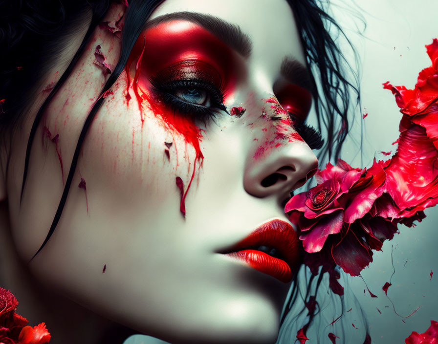 Vivid red makeup and rose petals on a woman, symbolizing intensity and beauty.