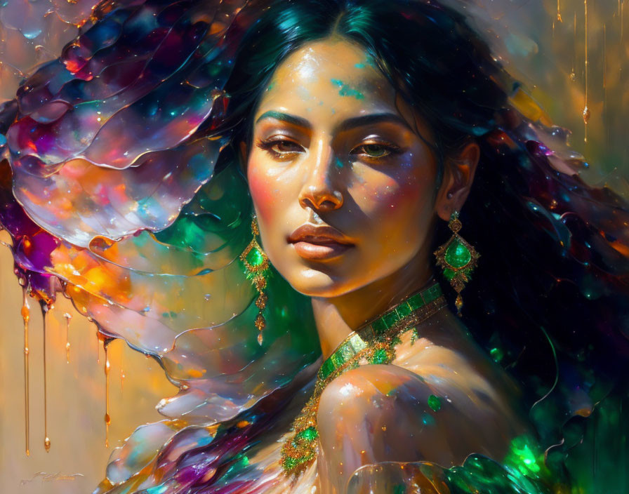 Colorful Abstract Portrait of Woman with Butterfly Wings and Green Earrings