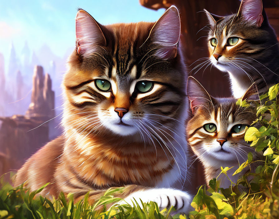 Three animated cats with vibrant green eyes in front of fantasy scenery