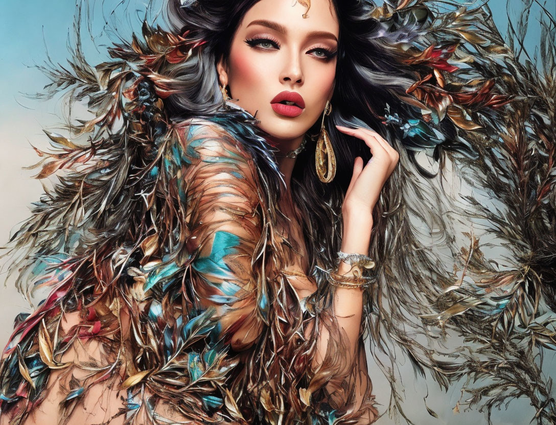 Glamorous woman in feathered outfit with striking makeup against blue sky