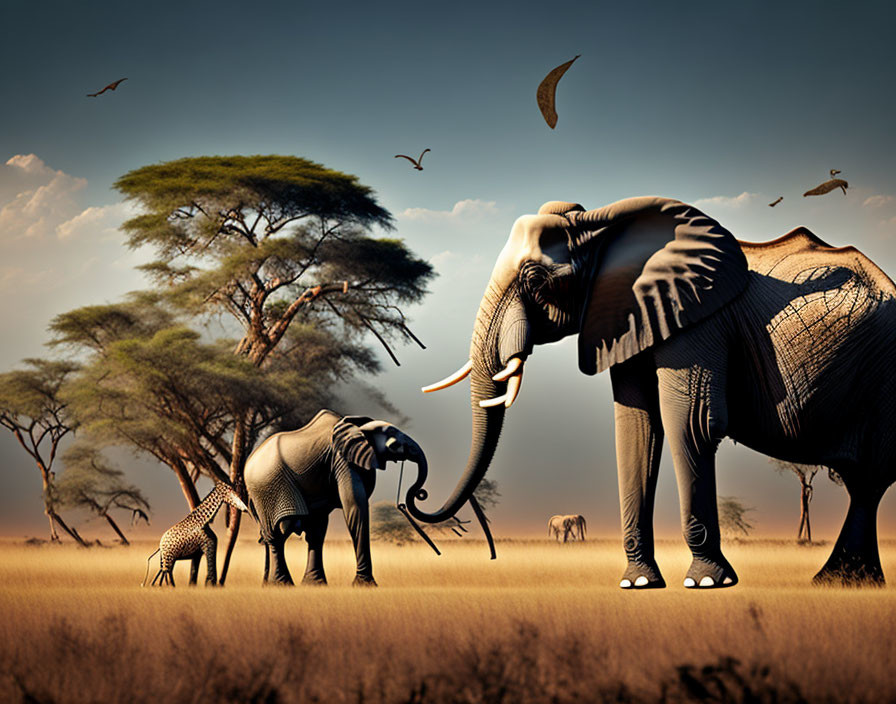 Savannah landscape with elephants, birds, and acacia trees