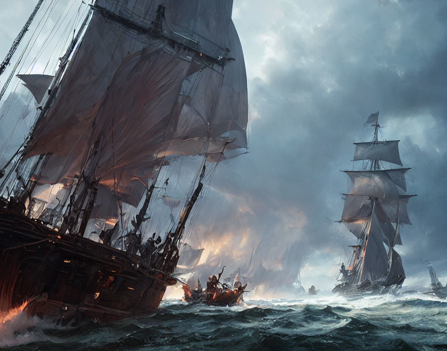 Tall ships battle in stormy seas with cannon fire