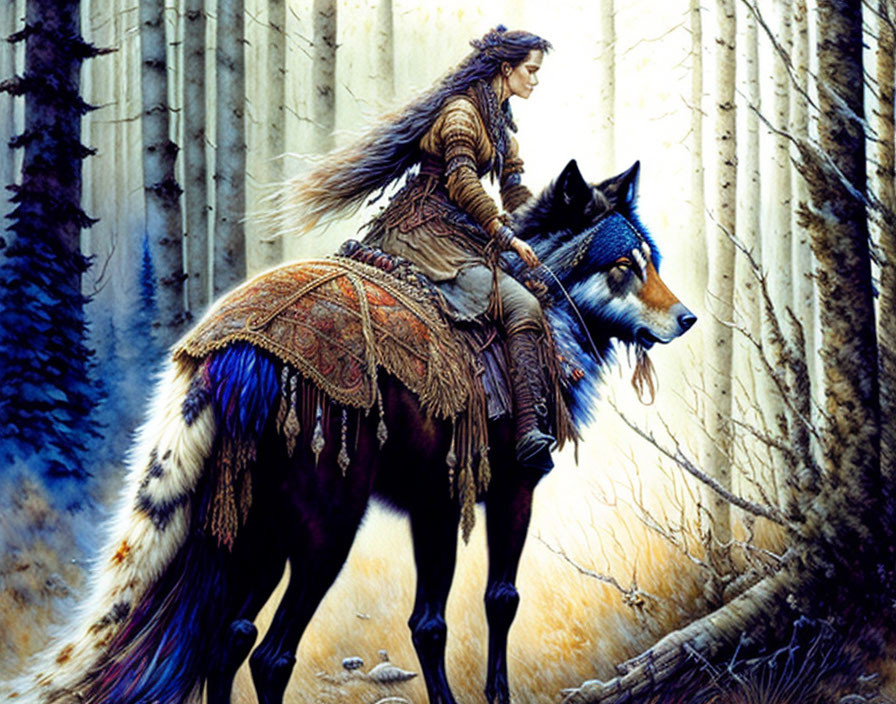 Woman in tribal attire riding majestic wolf through sunlit forest