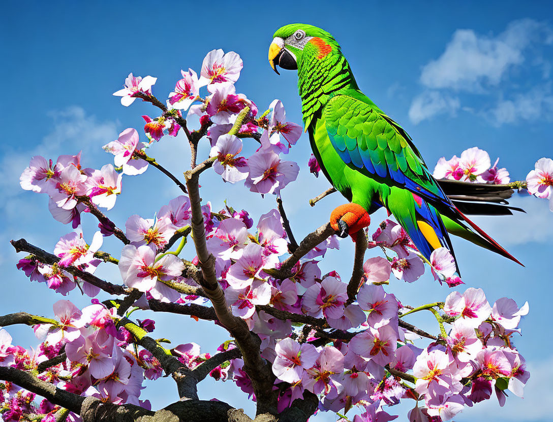 Vibrant parrot on cherry blossom branch under blue sky