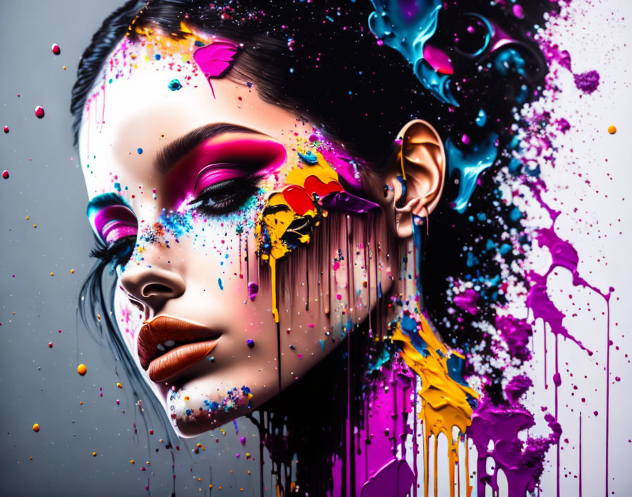 Colorful portrait of woman with vibrant paint splashes on face