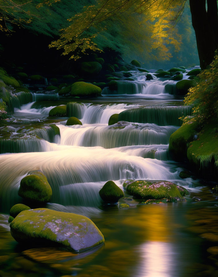 Tranquil waterfall scene with mossy rocks and lush greenery