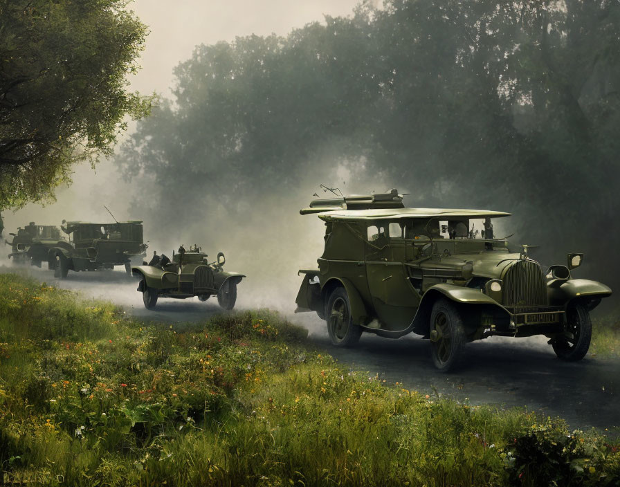 Vintage Military Vehicles on Misty Forest Road with Greenery