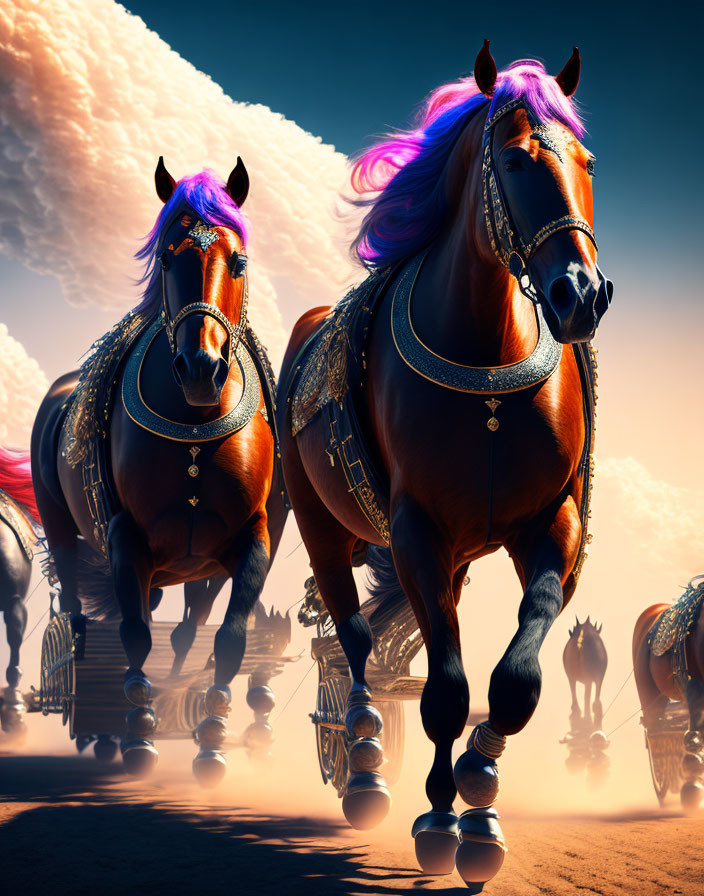 Majestic horses with ornate harnesses galloping under surreal sky