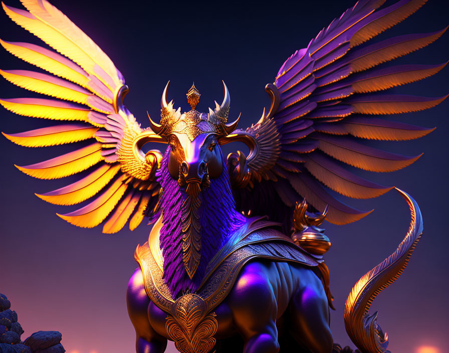 Majestic winged creature with bird head, golden antlers, and humanoid body in twilight sky