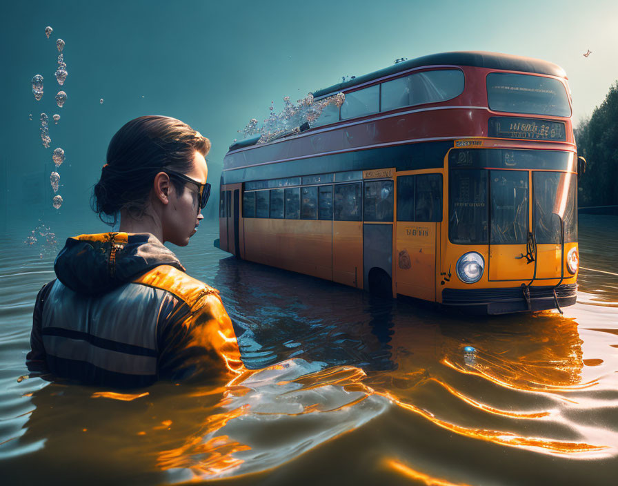 Person in life vest views submerged double-decker bus in surreal underwater scene