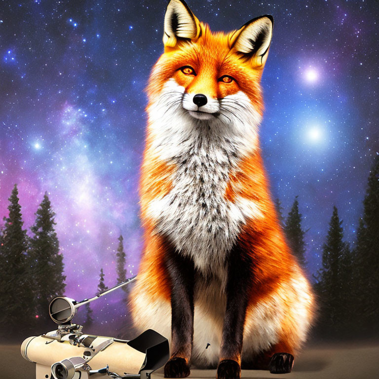 Giant Fox and Telescope under Starry Night Sky