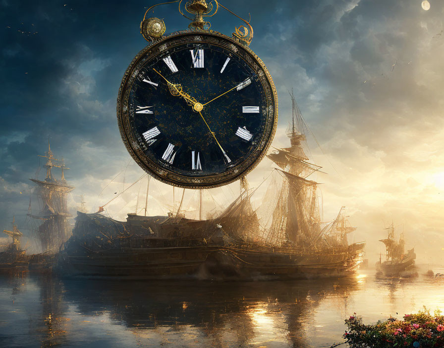 Ornate pocket watch in seascape with sailing ships at sunset