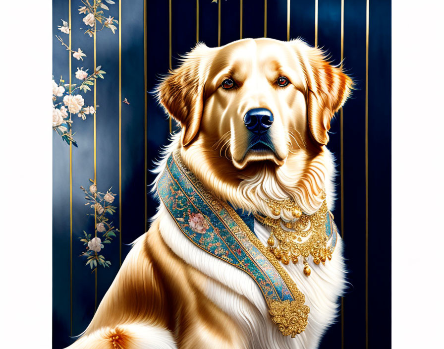 Golden retriever in scarf and jewelry on blue floral background