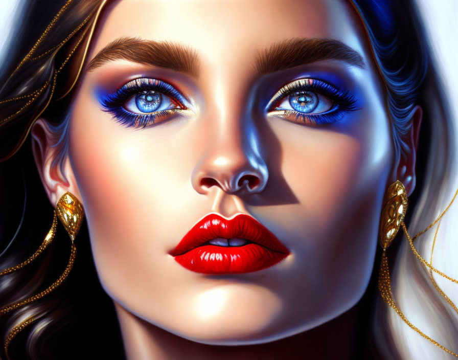 Detailed digital illustration of a woman with blue eyes, red lips, and gold earrings