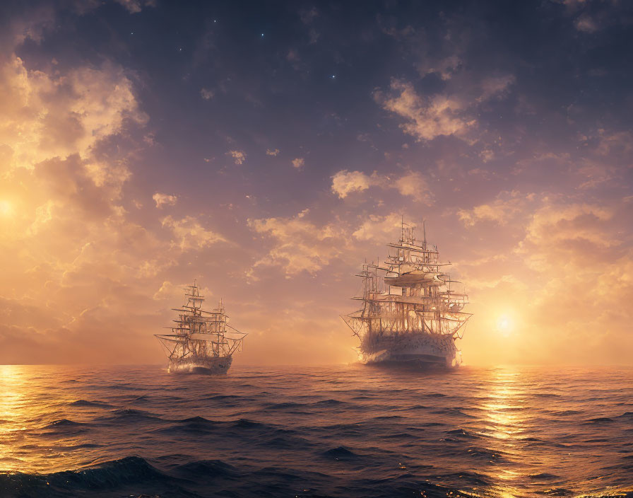 Tall ships on calm sea at golden sunset