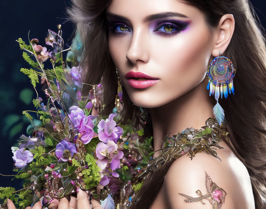 Woman with Vibrant Purple Eye Makeup and Dreamcatcher Earrings Holding Purple Flowers