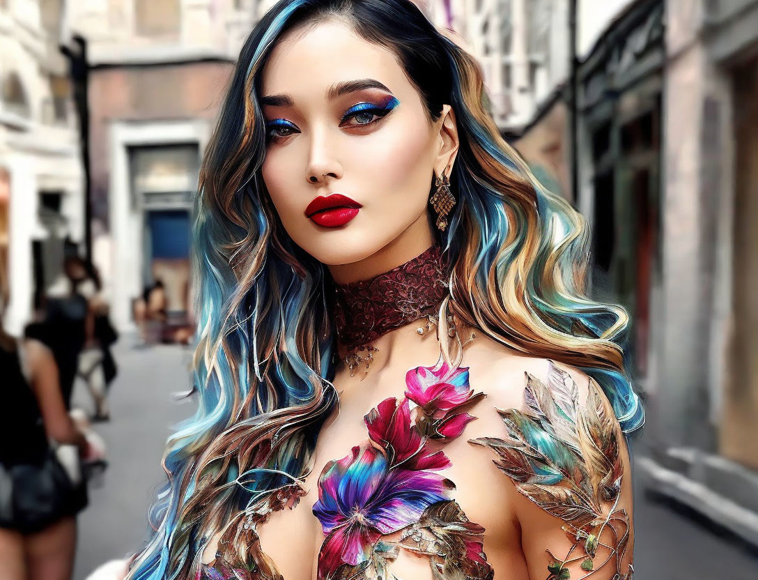 Blue Ombré Hair Woman in Floral Metallic Body-Art on City Street