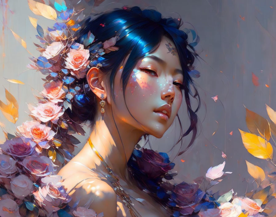 Digital artwork: Woman with blue hair and pink roses, surrounded by floating petals.