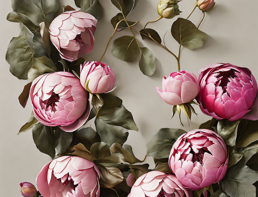 Vibrant pink peonies with lush green leaves on neutral background