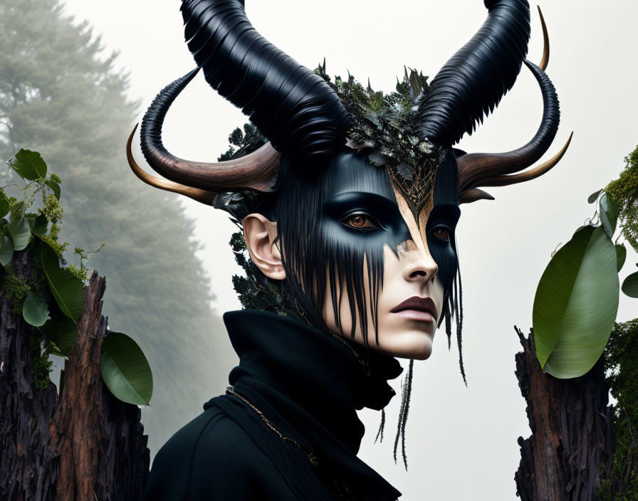 Mysterious forest deity with dark headdress and horns