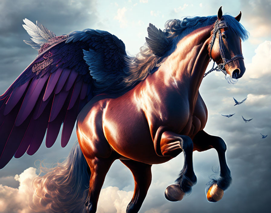 Chestnut Pegasus with expansive wings flying with birds