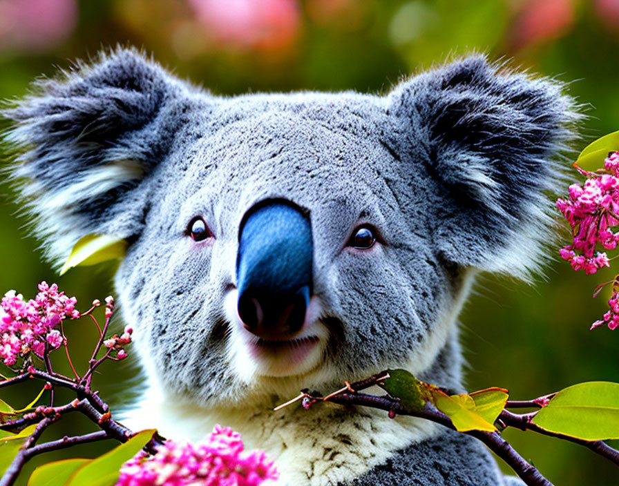 Close-up of koala in tree with pink flowers and grey fur