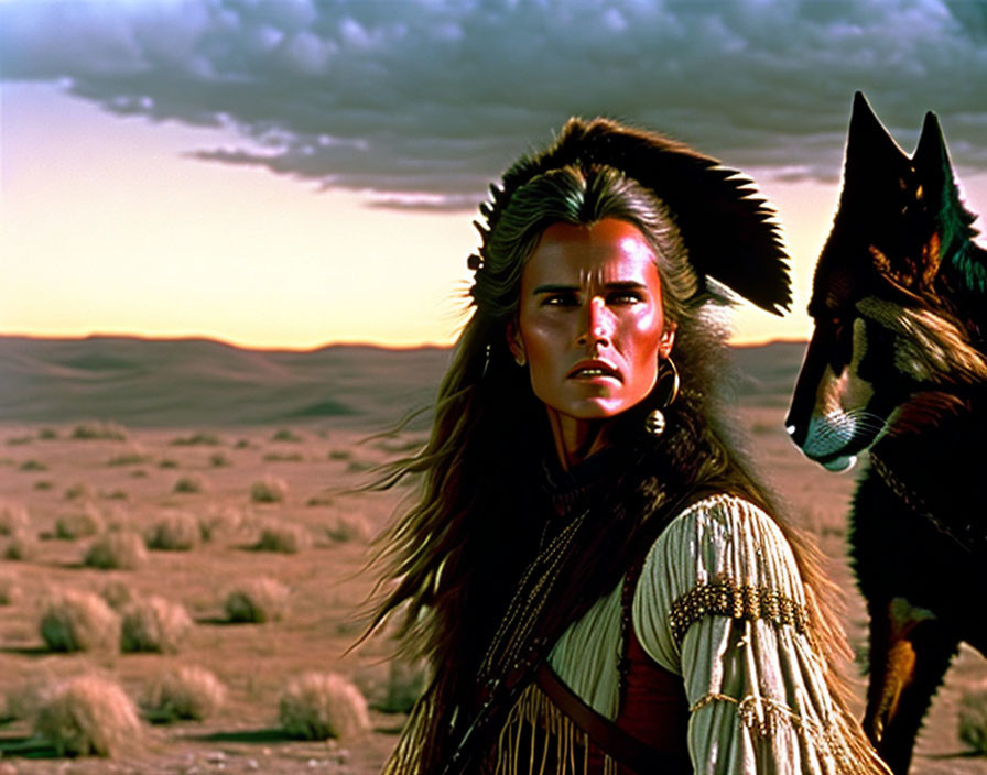 Native American person in feather headdress with dog in desert landscape