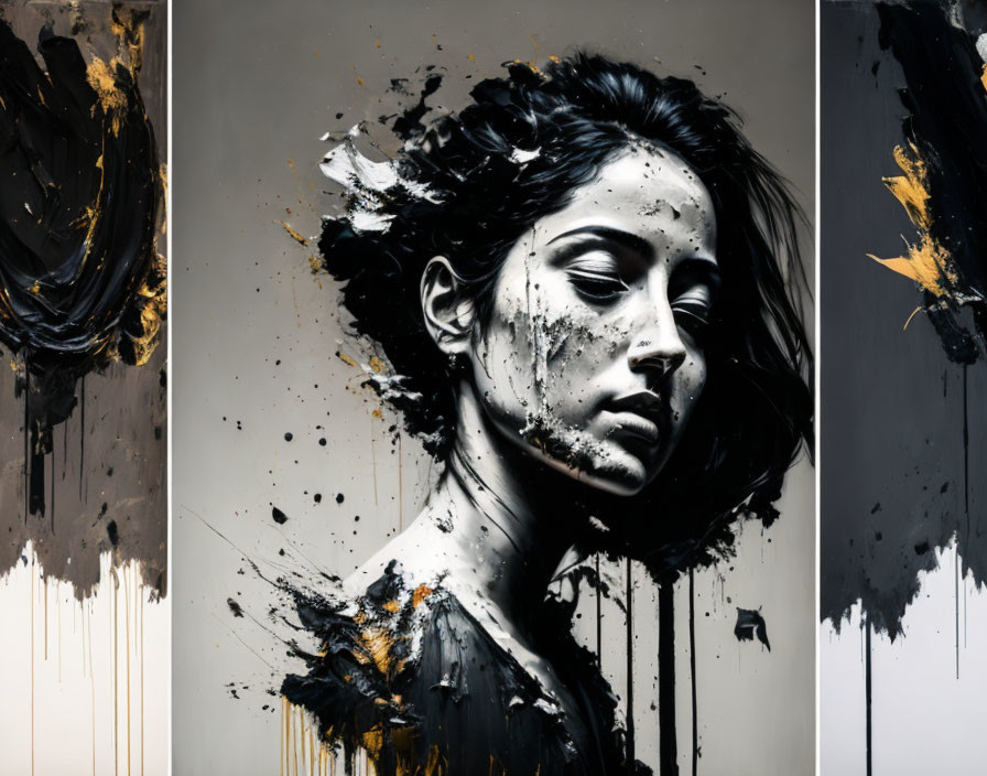 Monochromatic portrait of a woman with black and gold paint splatters