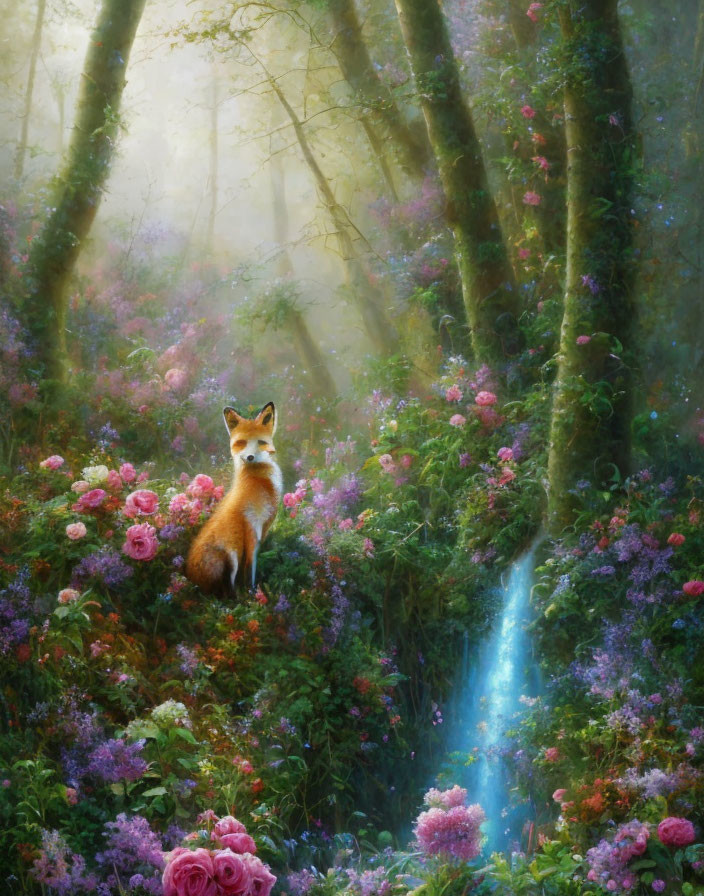 Fox in Vibrant Forest with Flowers and Waterfall