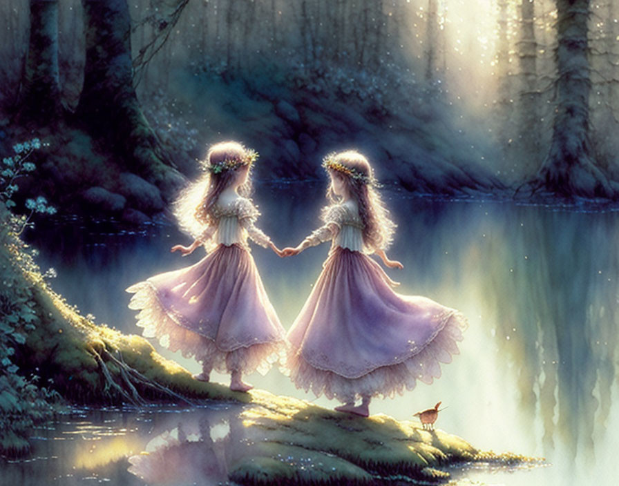 Two girls in white and pink dresses by serene lake in mystical forest.