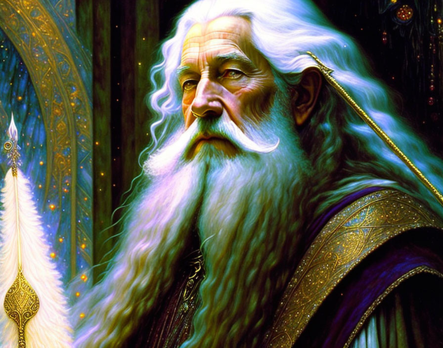 Elderly wizard illustration with long white beard and staff