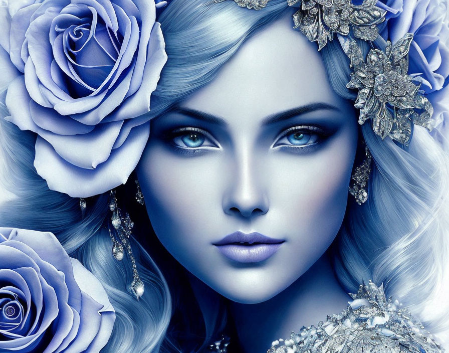 Blue-skinned woman adorned with roses and jewelry in shades of blue