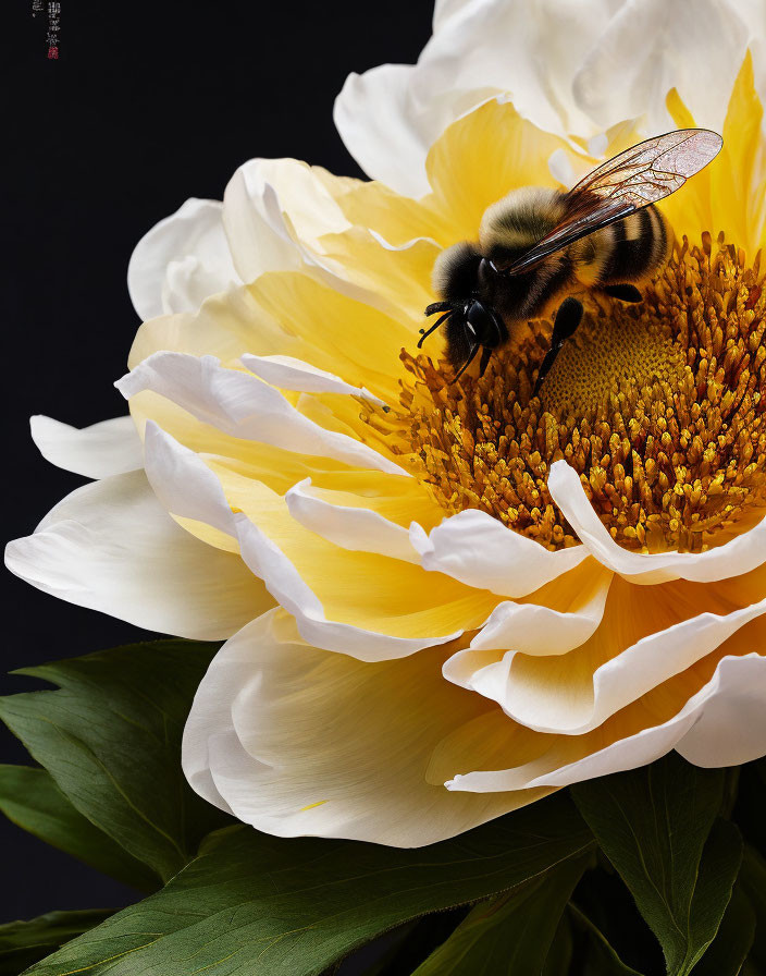 Bee gathering pollen on white peony flower against dark backdrop