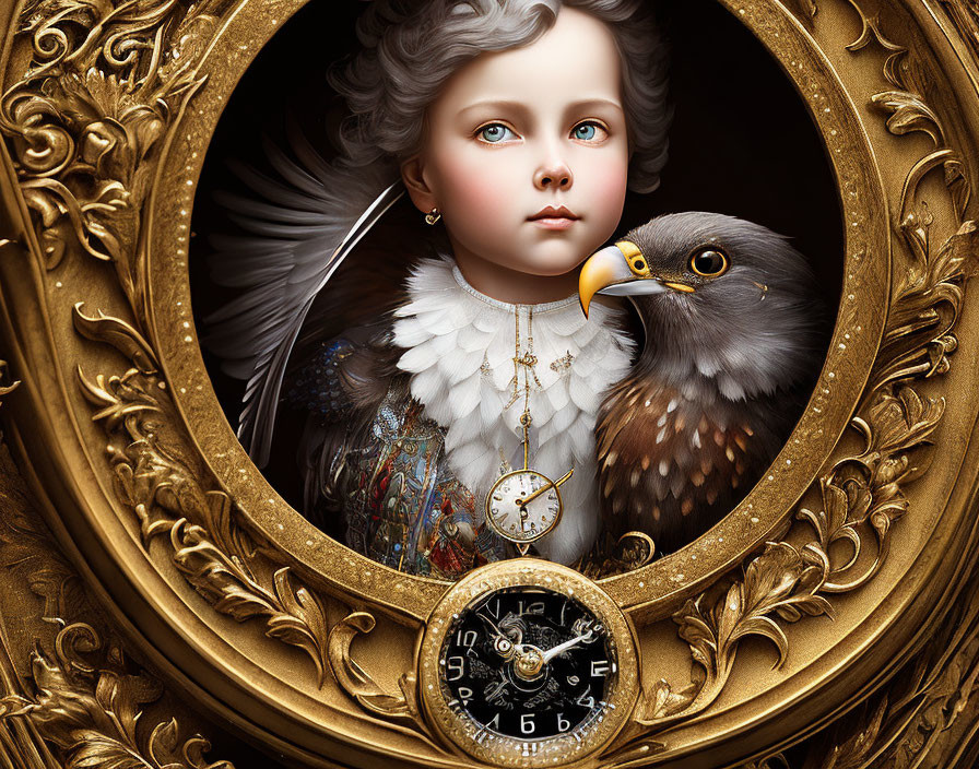 Child with Eagle's Body and Feathers in Baroque-style Portrait with Pocket Watch