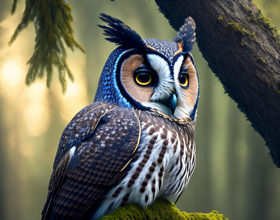 Colorful Owl Illustration on Mossy Branch in Sunlit Forest