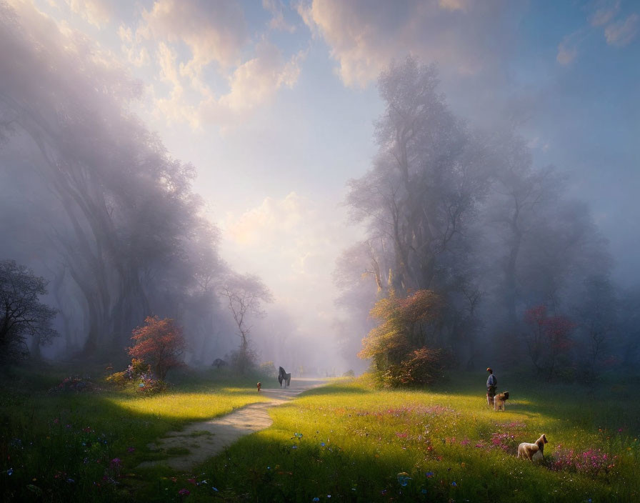Serene Landscape with Winding Path and Wildflowers