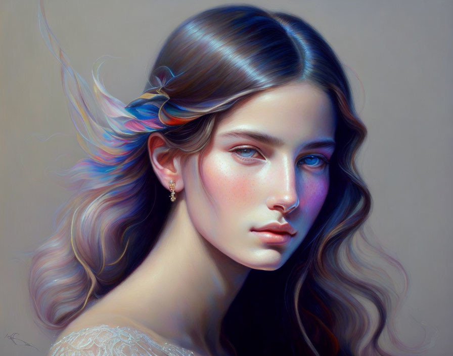 Portrait of a Woman with Flowing Hair and Iridescent Cheeks