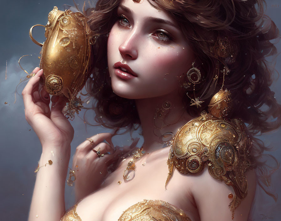 Intricate digital artwork of a woman in gold armor and jewelry