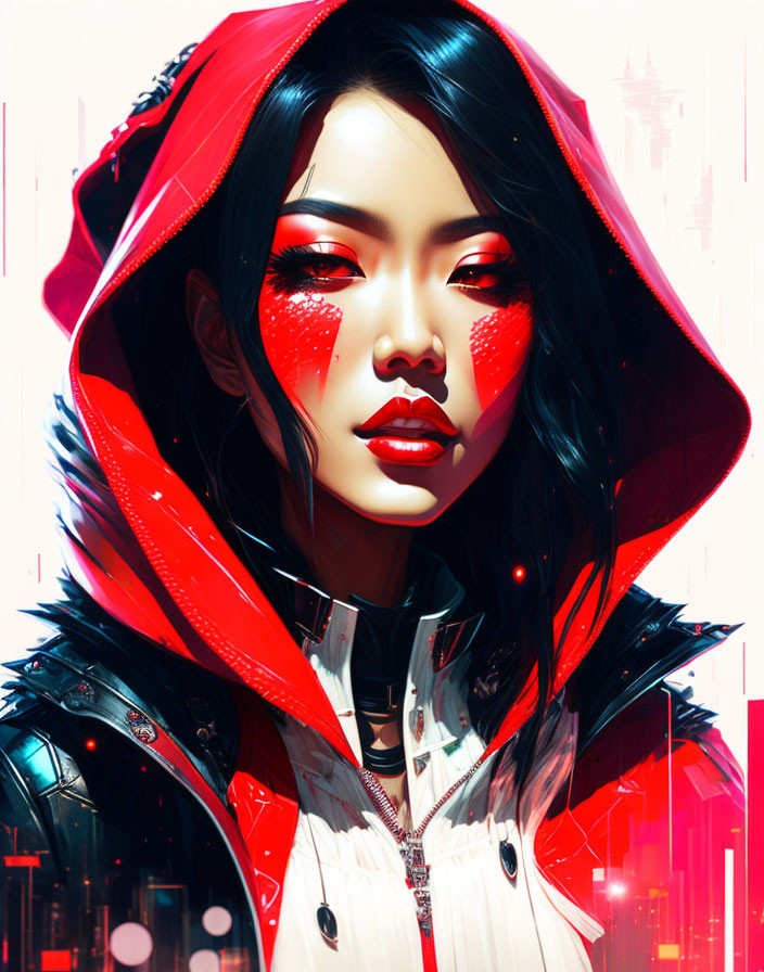 Woman with Red Makeup in Hood Against Abstract Cityscape