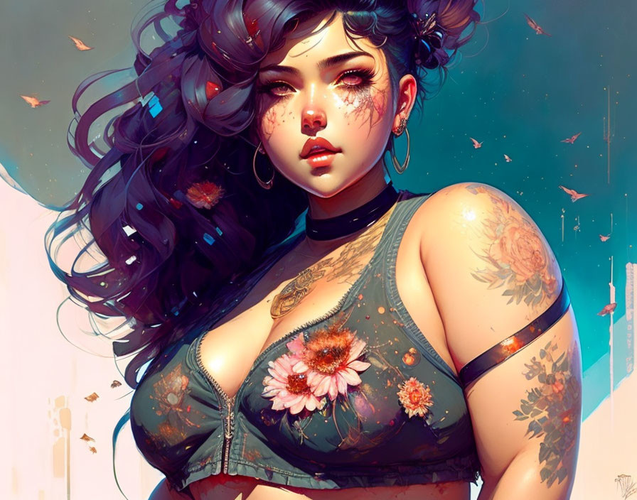 Illustrated female character with tattoos, floral-patterned top, dark flowing hair, and butterflies.