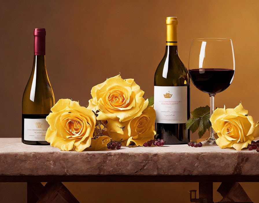 Still Life: Wine Bottles, Red Wine Glass, Roses, and Grapes on Stone Slab