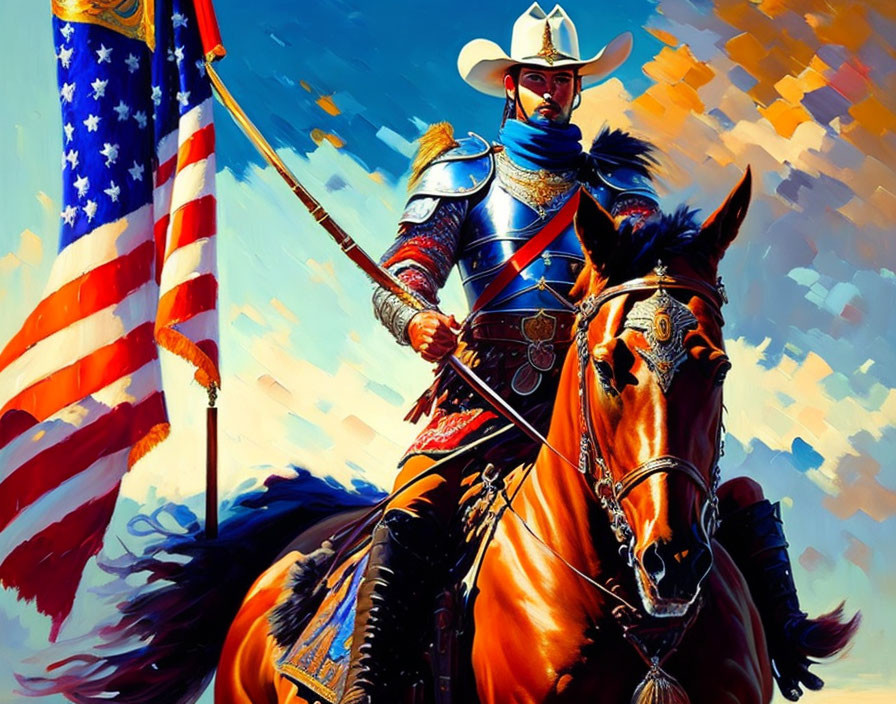 Colorful Illustration of Figure in Historical Armor with American Flag